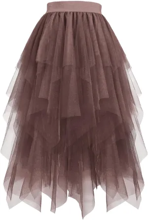 Women's Tulle Skirts High Low Layered Puffy Fairy Skirts High Waist Midi Length Irregular Tutu Skirt