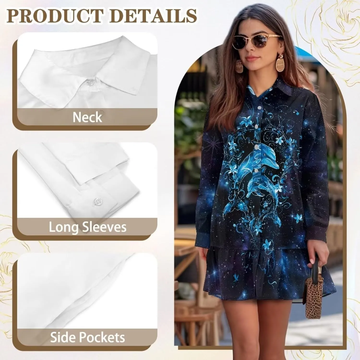 Women's V Neck Long Sleeve Shirt Dress Button Down Tunic Mini Shirt Dress with Pocket