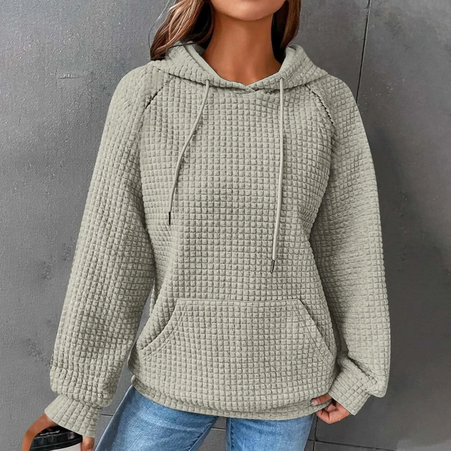 Womens Waffle Knit Hoodies Cute Hooded Sweatshirt Fall Casual Drawstring Pullover Sweater Workout Gym Hoodie Tops