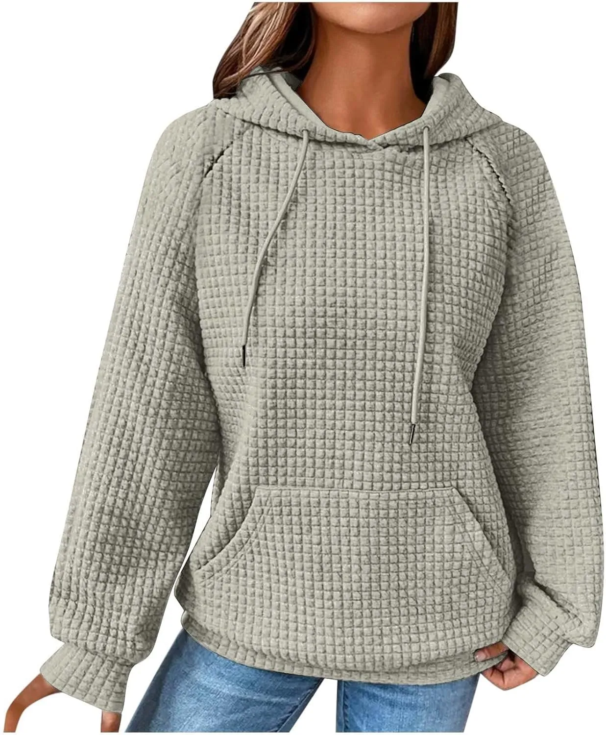 Womens Waffle Knit Hoodies Cute Hooded Sweatshirt Fall Casual Drawstring Pullover Sweater Workout Gym Hoodie Tops