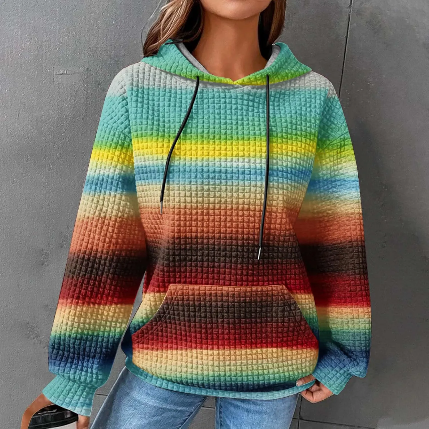 Womens Waffle Knit Hoodies Cute Hooded Sweatshirt Fall Casual Drawstring Pullover Sweater Workout Gym Hoodie Tops