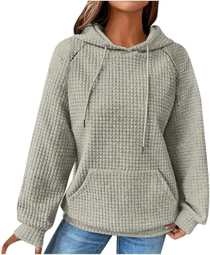 Womens Waffle Knit Hoodies Cute Hooded Sweatshirt Fall Casual Drawstring Pullover Sweater Workout Gym Hoodie Tops