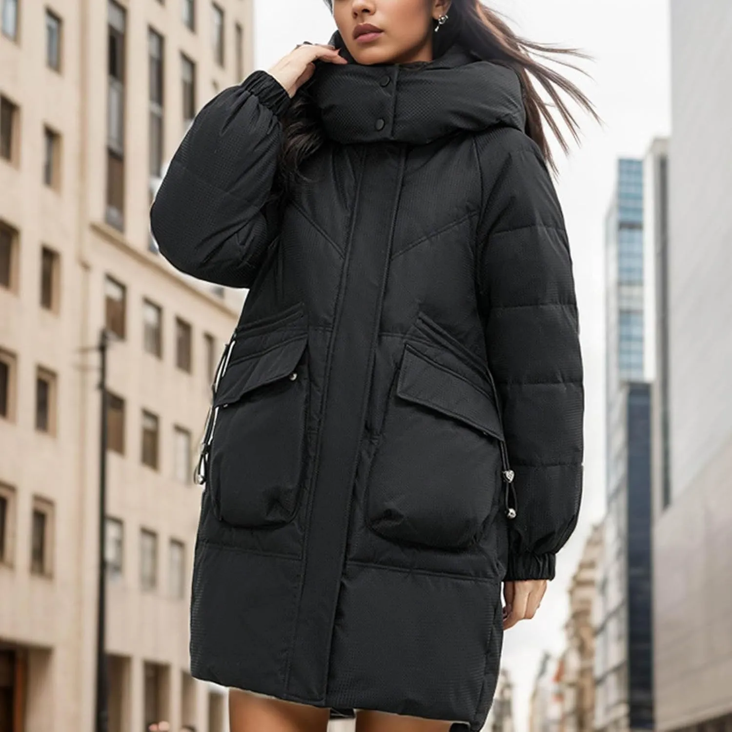 Women's Warm Winter Cotton Padded Down Coat Quilted Thicken Puffer Jacket Zipper Pockets Outwear with Removable Hood