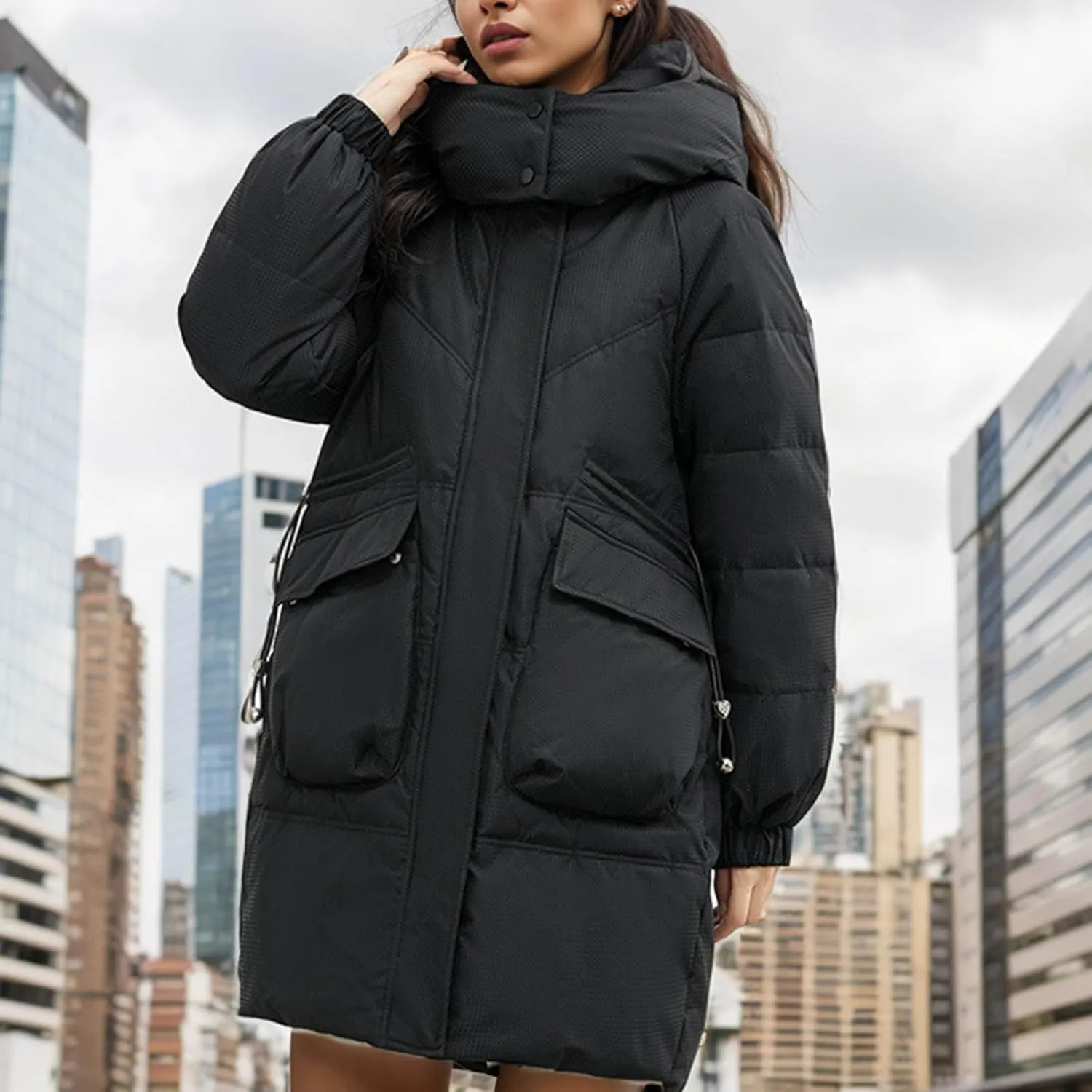 Women's Warm Winter Cotton Padded Down Coat Quilted Thicken Puffer Jacket Zipper Pockets Outwear with Removable Hood