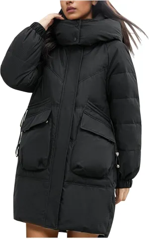Women's Warm Winter Cotton Padded Down Coat Quilted Thicken Puffer Jacket Zipper Pockets Outwear with Removable Hood