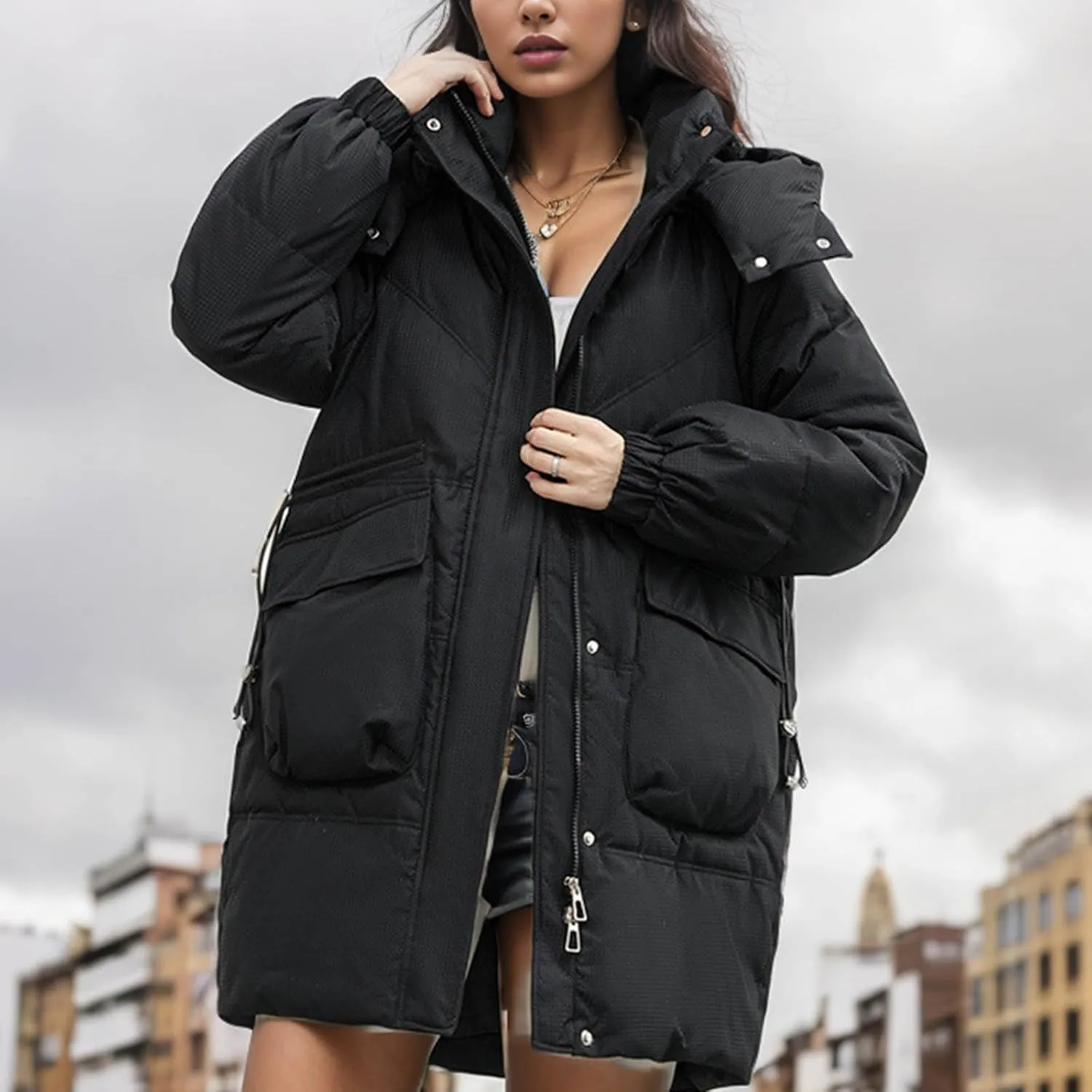 Women's Warm Winter Cotton Padded Down Coat Quilted Thicken Puffer Jacket Zipper Pockets Outwear with Removable Hood