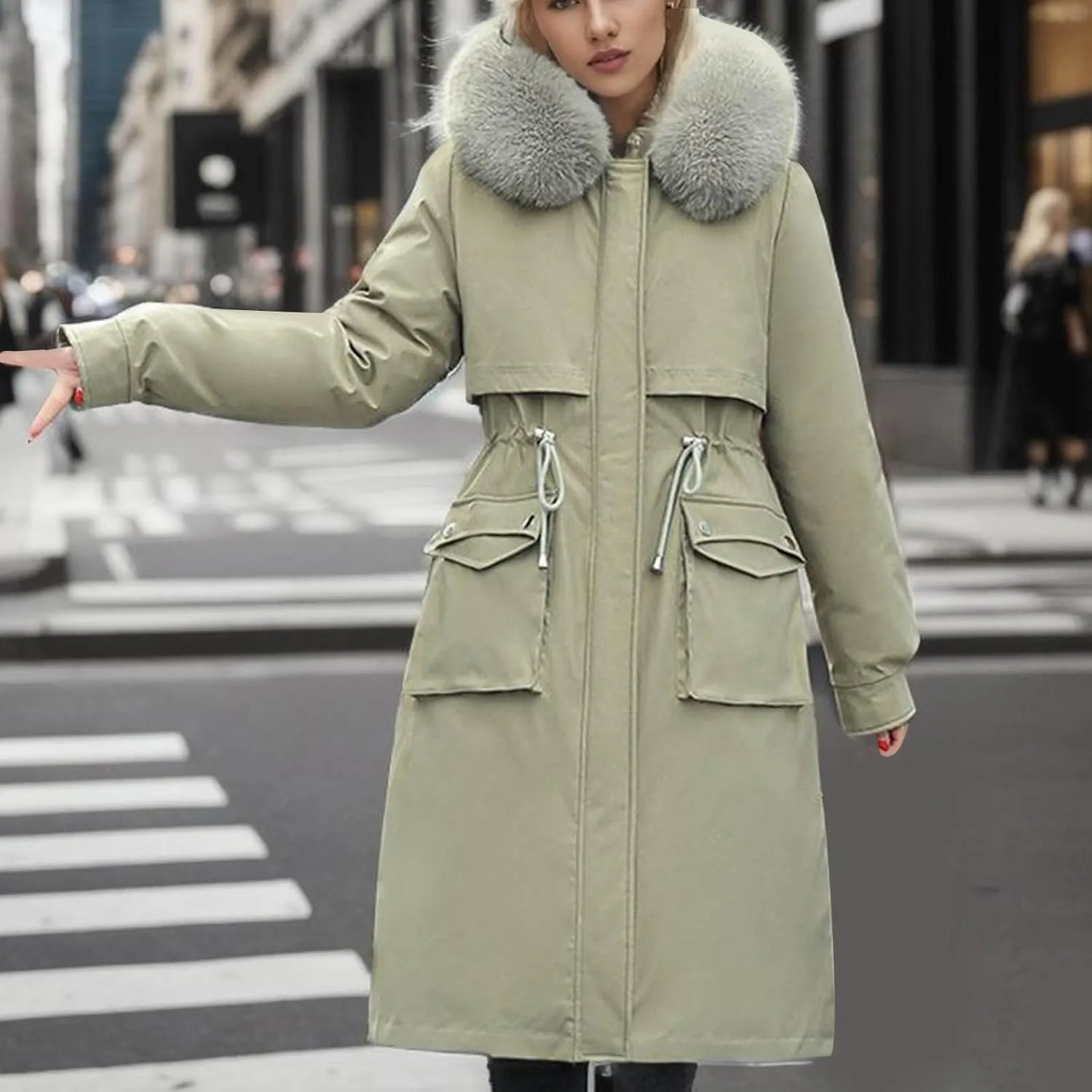 Women's Winter Coats Detachable Cotton Padded Lined Parka Jacket Faux Fur Hooded Long Winter Warm Outwear with Pockets