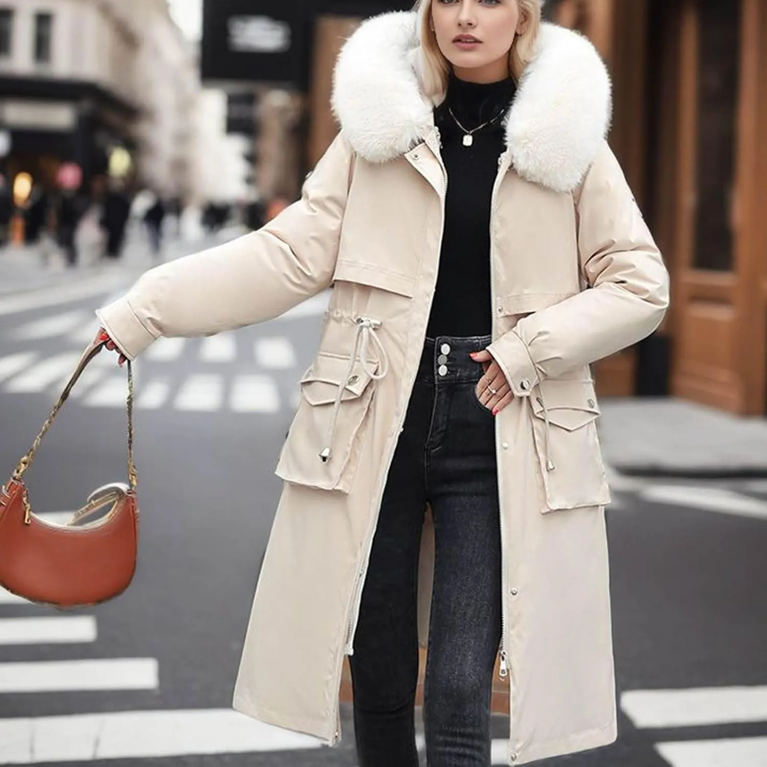 Women's Winter Coats Detachable Cotton Padded Lined Parka Jacket Faux Fur Hooded Long Winter Warm Outwear with Pockets