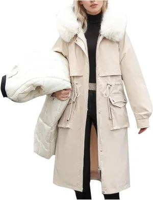 Women's Winter Coats Detachable Cotton Padded Lined Parka Jacket Faux Fur Hooded Long Winter Warm Outwear with Pockets