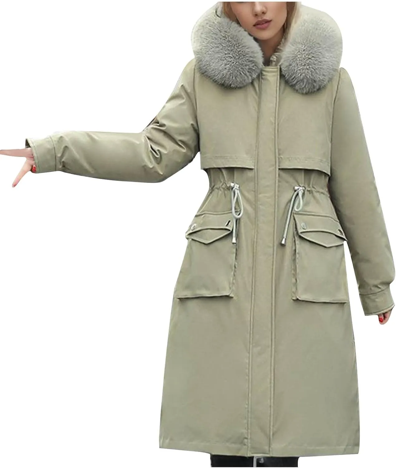 Women's Winter Coats Detachable Cotton Padded Lined Parka Jacket Faux Fur Hooded Long Winter Warm Outwear with Pockets