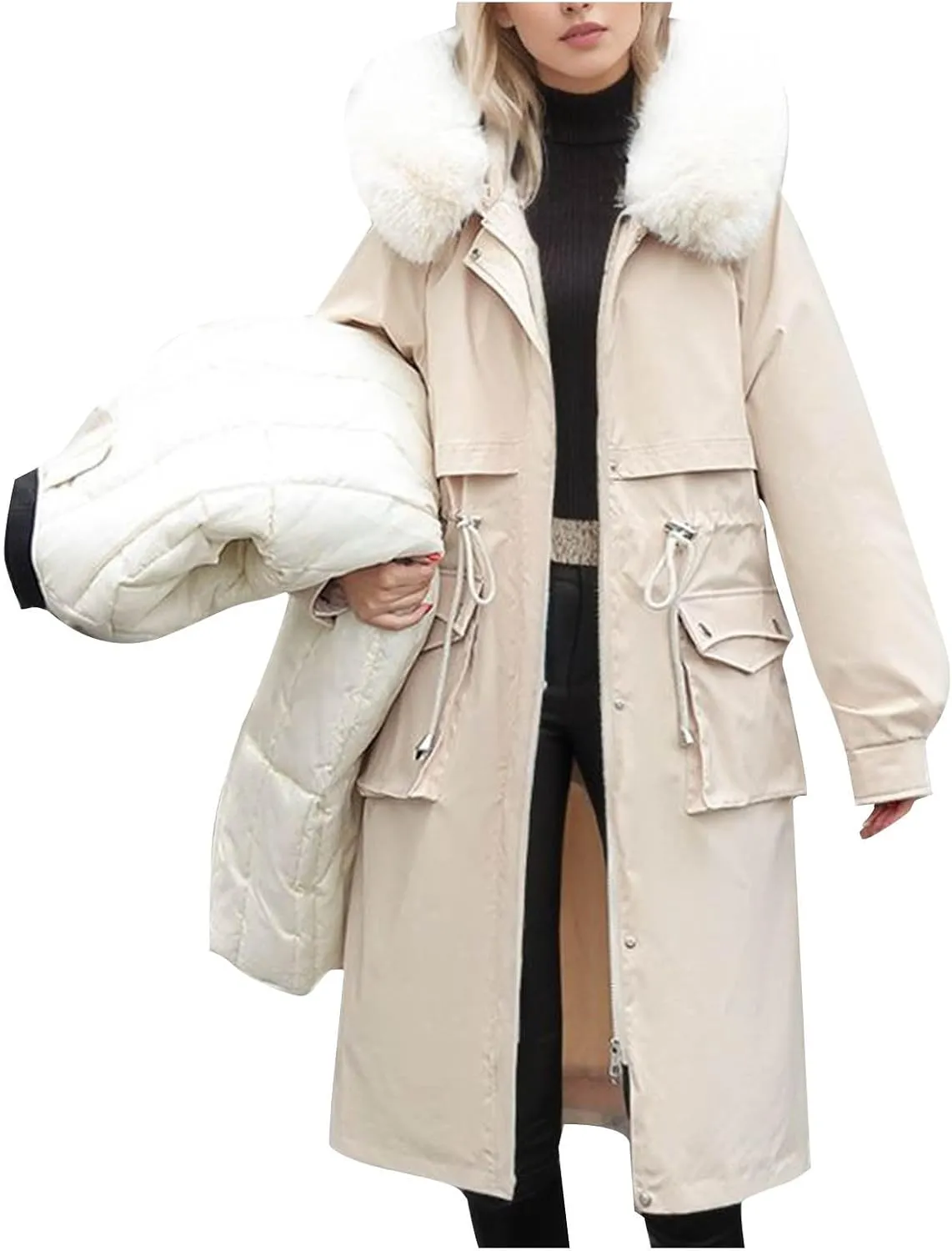 Women's Winter Coats Detachable Cotton Padded Lined Parka Jacket Faux Fur Hooded Long Winter Warm Outwear with Pockets