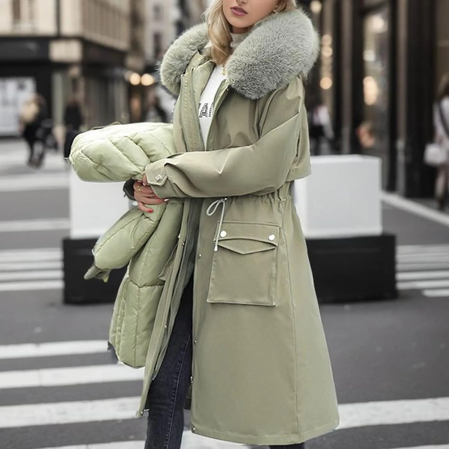 Women's Winter Coats Detachable Cotton Padded Lined Parka Jacket Faux Fur Hooded Long Winter Warm Outwear with Pockets