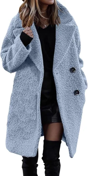 Womens Winter Wool Coat Casual Notch Lapel Double Breasted Pea Coat Mid Long Trench Coat Jackets