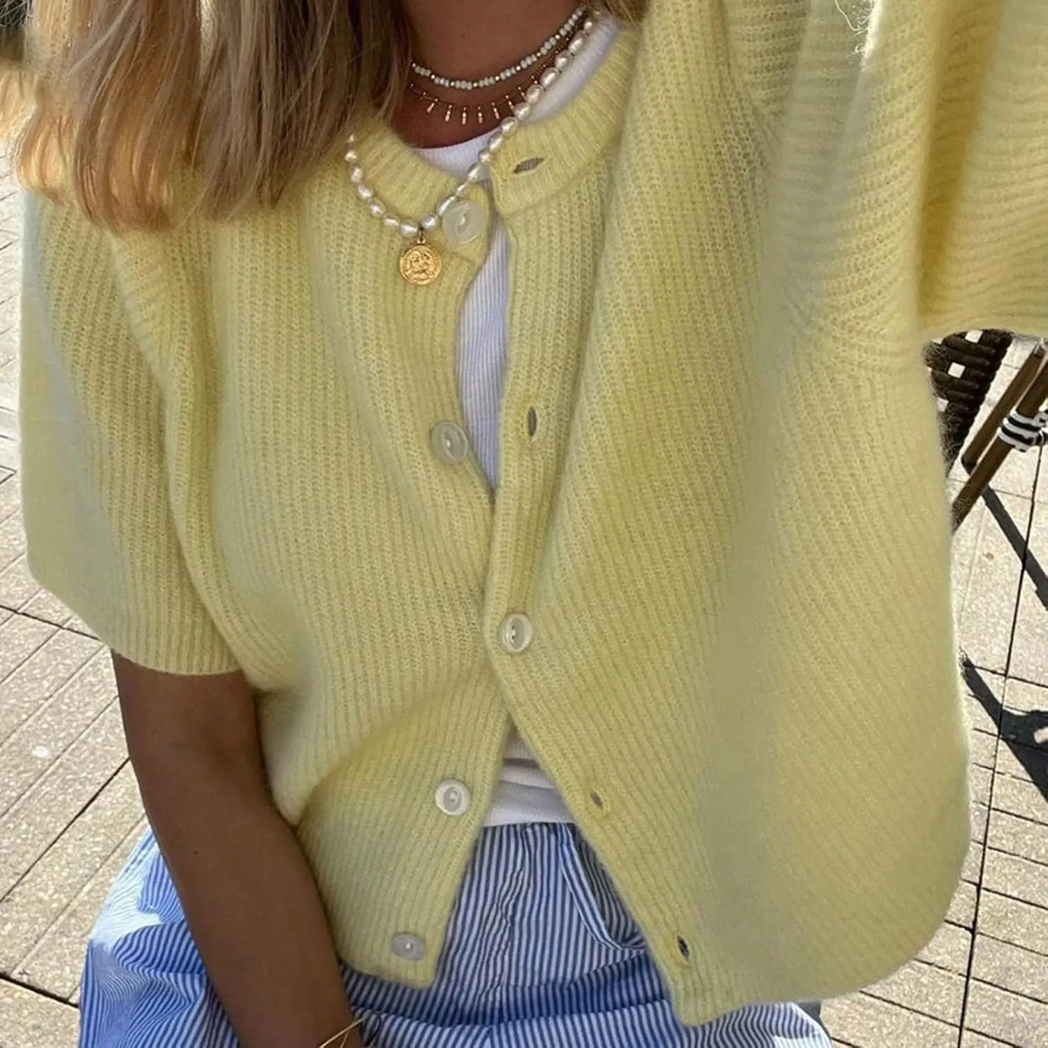 Women's Y2K Summer Button Down Sweater Cardigans Shirts Short Sleeve Knitted Blouse Top Going Out Cropped Knit Tops