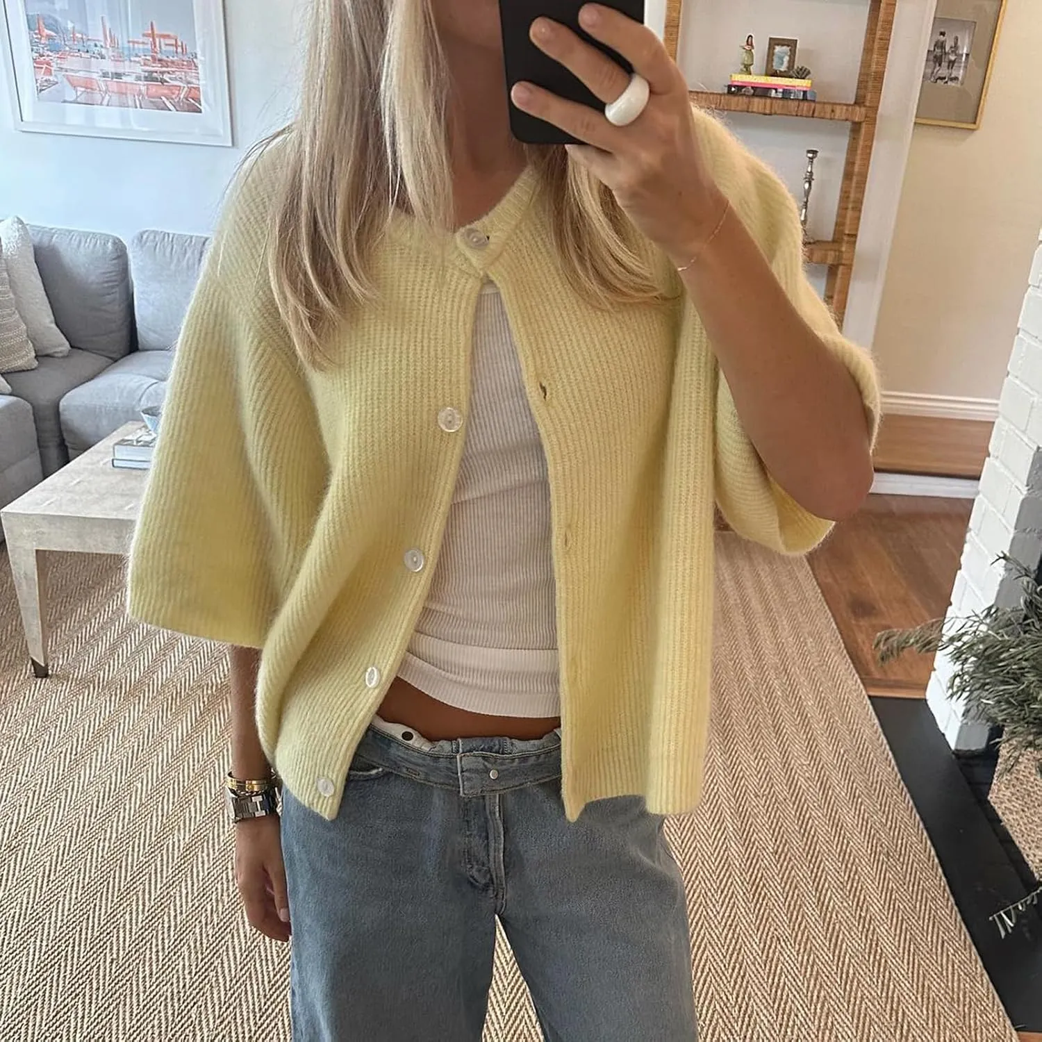 Women's Y2K Summer Button Down Sweater Cardigans Shirts Short Sleeve Knitted Blouse Top Going Out Cropped Knit Tops