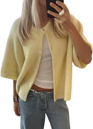Women's Y2K Summer Button Down Sweater Cardigans Shirts Short Sleeve Knitted Blouse Top Going Out Cropped Knit Tops