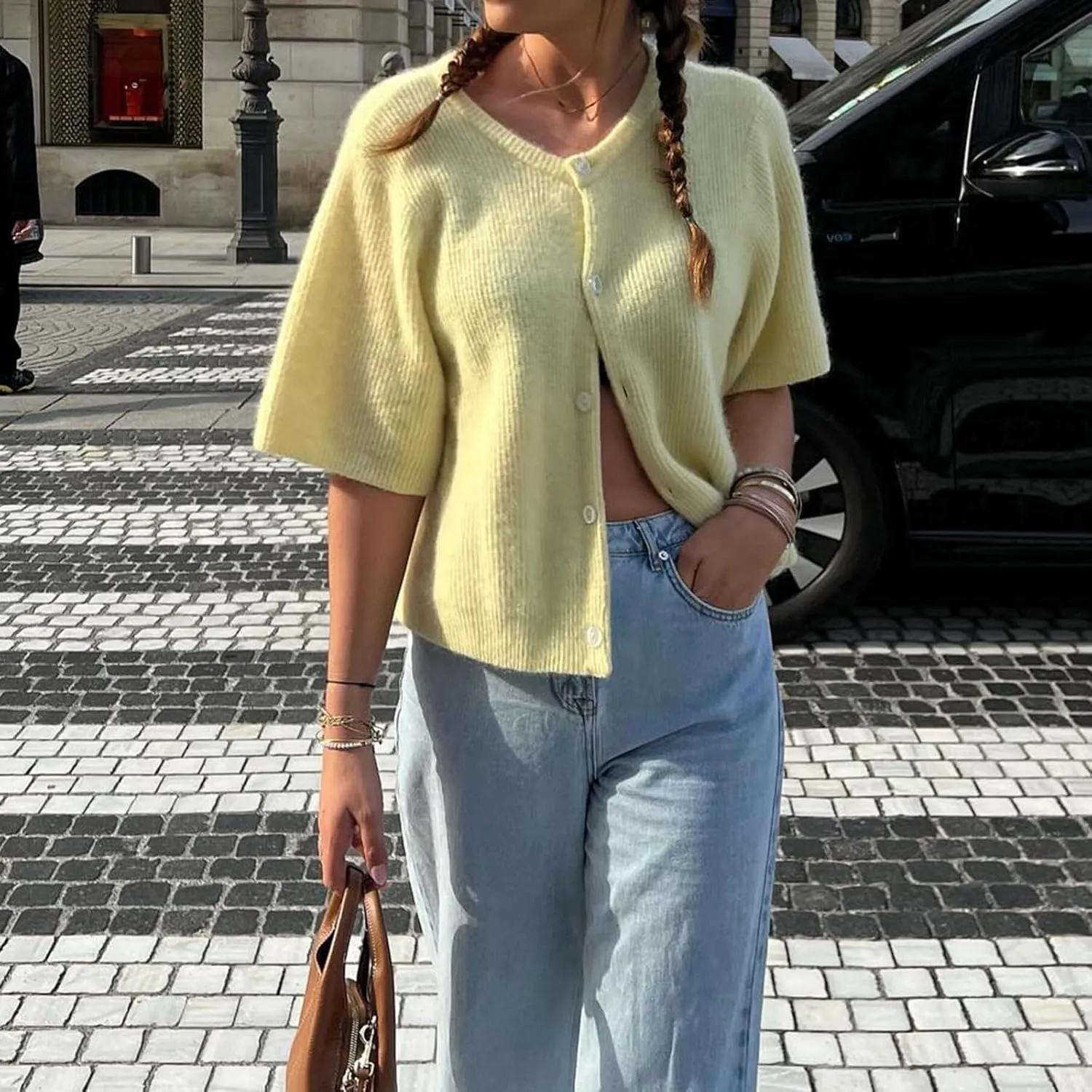 Women's Y2K Summer Button Down Sweater Cardigans Shirts Short Sleeve Knitted Blouse Top Going Out Cropped Knit Tops