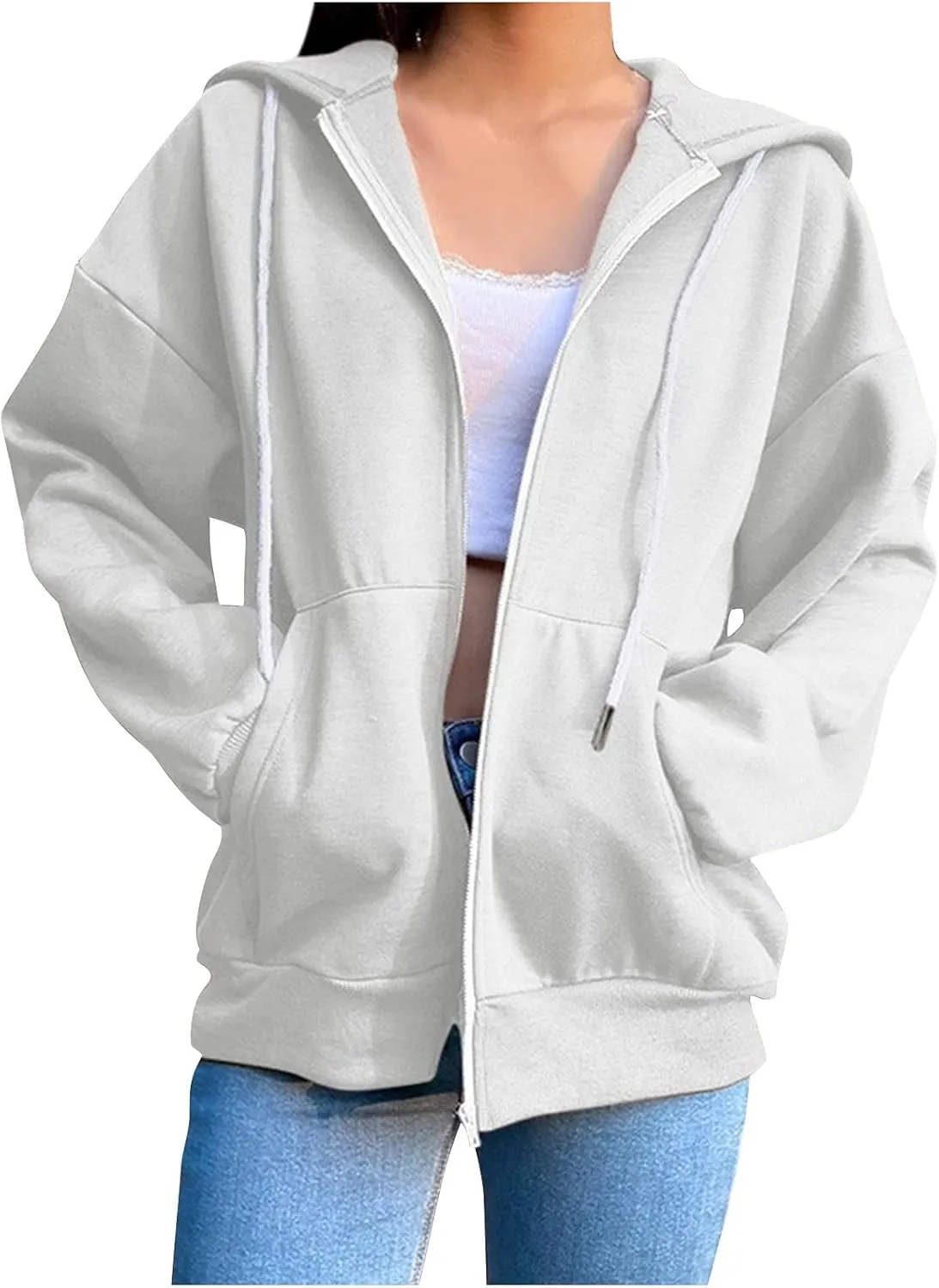 Womens Zip Up Hoodie Oversized Plus Size Aesthetic Cute Grunge Y2K Hoodies Teen Girls Vintage Baggy Sweatshirt