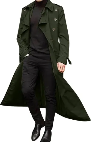 Xiaojmake Men's Slim Fit Trench Coat Double Breasted Mid-Long Jacket Notched Lapel Belted Windbreaker Fall Windproof Coat Top