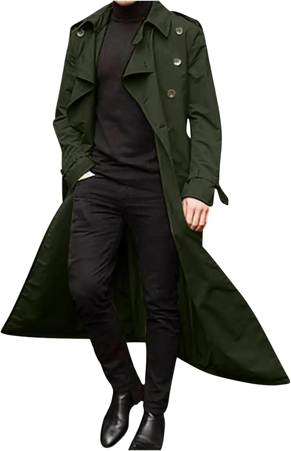 Xiaojmake Men's Slim Fit Trench Coat Double Breasted Mid-Long Jacket Notched Lapel Belted Windbreaker Fall Windproof Coat Top