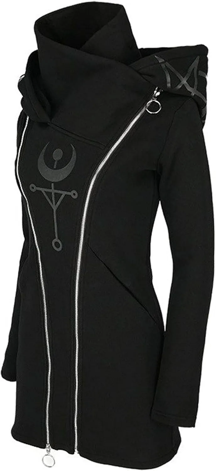 Xiaojmake Women Punk Gothic Sweatshirt Witchcraft Moon Long Hoodie Jacket Oversized Long Sleeve Zip Up Halloween Hooded Coats