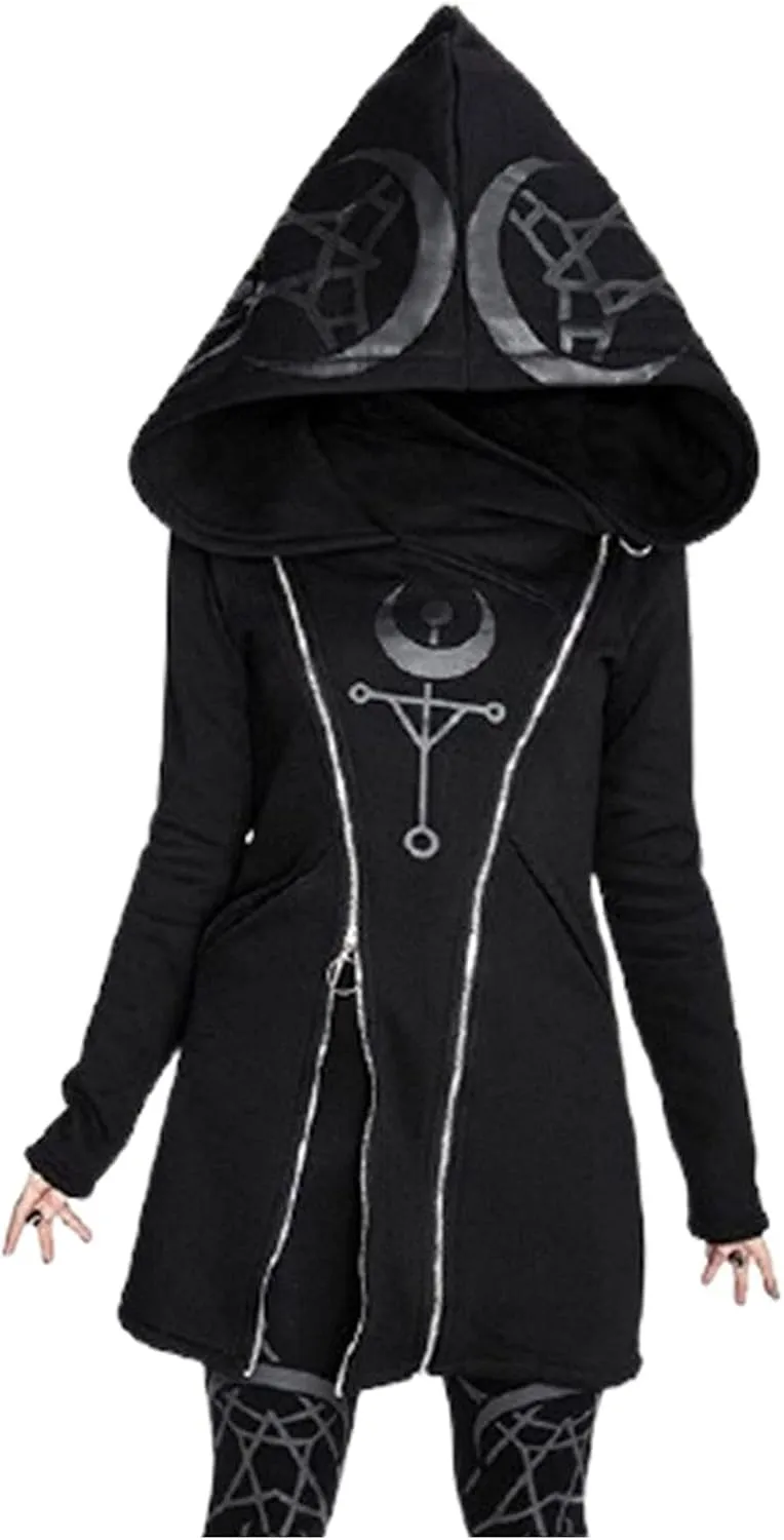 Xiaojmake Women Punk Gothic Sweatshirt Witchcraft Moon Long Hoodie Jacket Oversized Long Sleeve Zip Up Halloween Hooded Coats