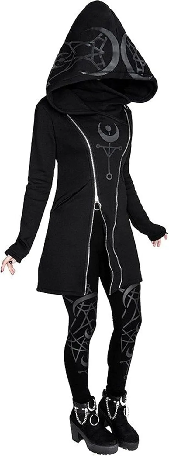 Xiaojmake Women Punk Gothic Sweatshirt Witchcraft Moon Long Hoodie Jacket Oversized Long Sleeve Zip Up Halloween Hooded Coats