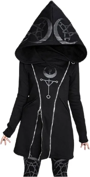 Xiaojmake Women Punk Gothic Sweatshirt Witchcraft Moon Long Hoodie Jacket Oversized Long Sleeve Zip Up Halloween Hooded Coats