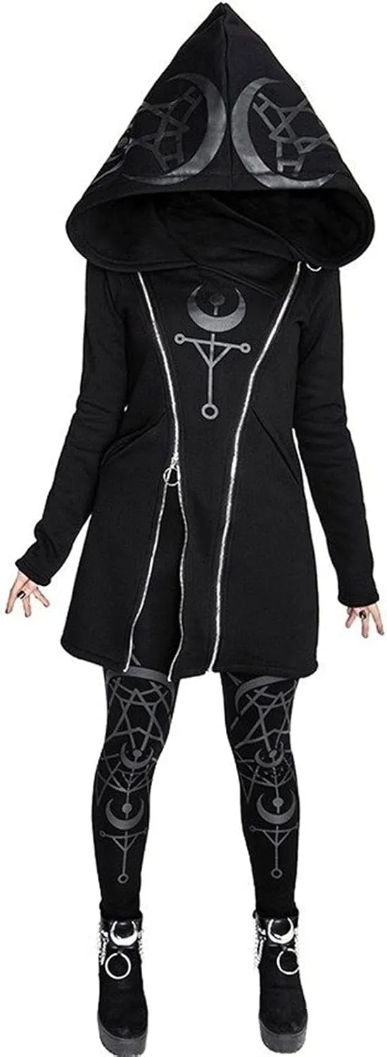 Xiaojmake Women Punk Gothic Sweatshirt Witchcraft Moon Long Hoodie Jacket Oversized Long Sleeve Zip Up Halloween Hooded Coats