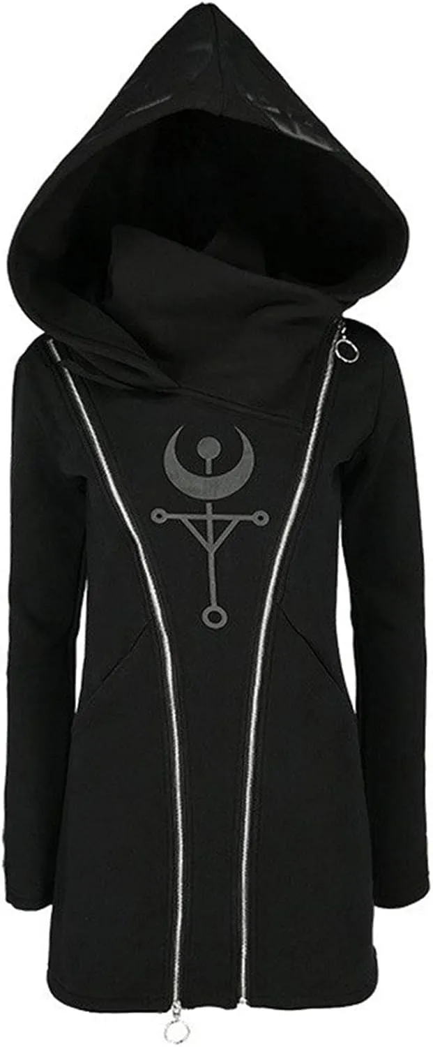 Xiaojmake Women Punk Gothic Sweatshirt Witchcraft Moon Long Hoodie Jacket Oversized Long Sleeve Zip Up Halloween Hooded Coats