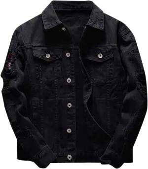 XIAXOGOOL Mens Denim Jacket Ripped Slim Jean Jacket Coat For Men Vintage Solid Color Button Down Trucker Jackets
