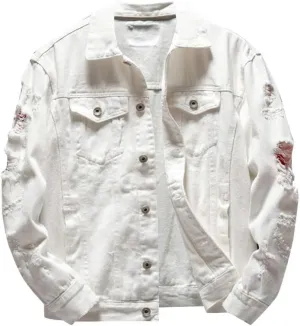 XIAXOGOOL Mens Denim Jacket Ripped Slim Jean Jacket Coat For Men Vintage Solid Color Button Down Trucker Jackets