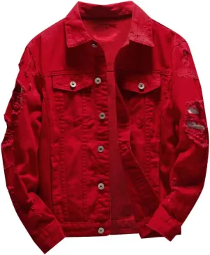 XIAXOGOOL Mens Denim Jacket Ripped Slim Jean Jacket Coat For Men Vintage Solid Color Button Down Trucker Jackets