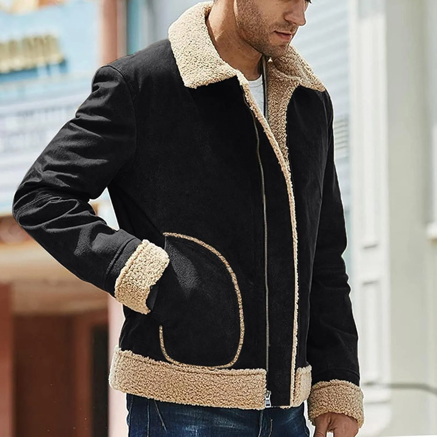 XIAXOGOOL Winter Coat For Men Big And Tall Faux Suede Fur Jacket Lapel Heavyweight Thicken Thermal Sherpa Lined Overcoat