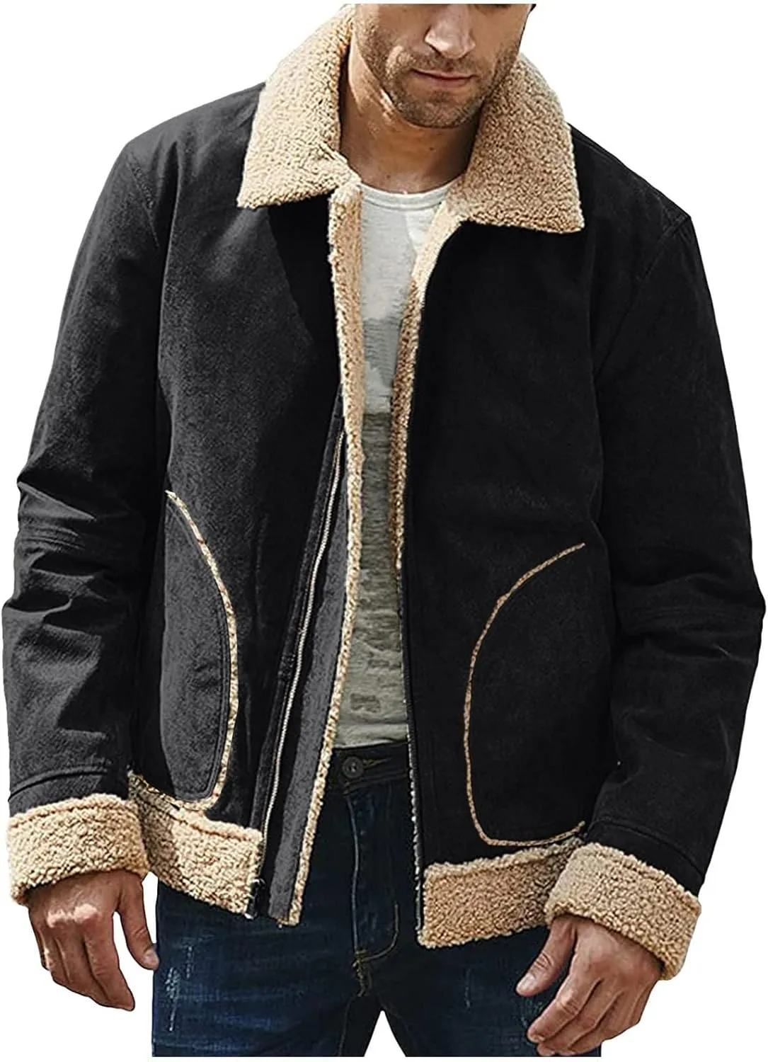 XIAXOGOOL Winter Coat For Men Big And Tall Faux Suede Fur Jacket Lapel Heavyweight Thicken Thermal Sherpa Lined Overcoat