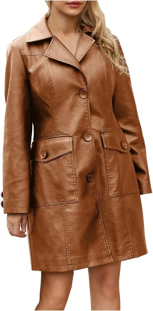 XUNRYAN Women Faux-Leather Jackets Long Trench Coat Elegant Notch Lapel Peacoat Motorcycle PU Moto Biker Slim Fit Coat