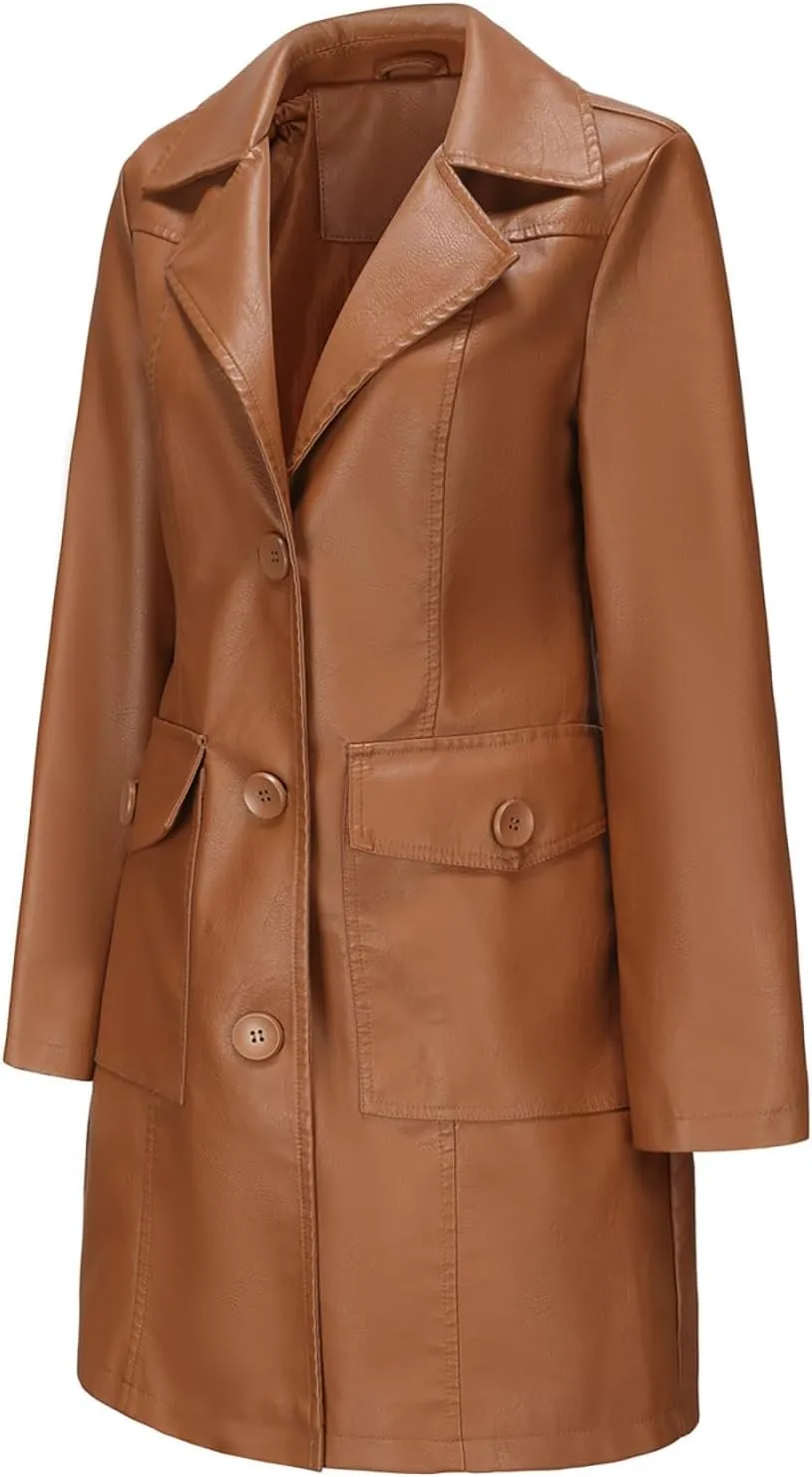 XUNRYAN Women Faux-Leather Jackets Long Trench Coat Elegant Notch Lapel Peacoat Motorcycle PU Moto Biker Slim Fit Coat