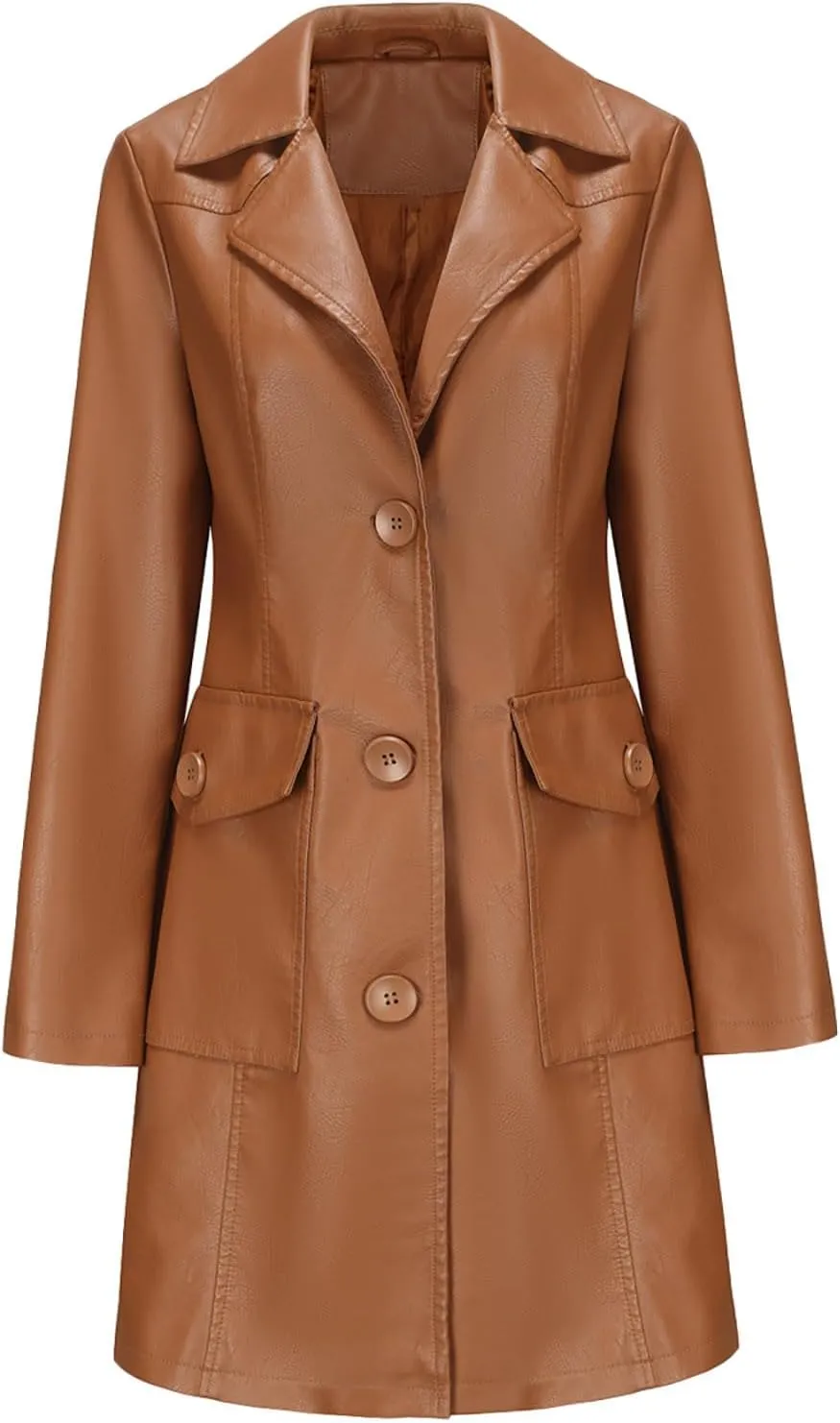 XUNRYAN Women Faux-Leather Jackets Long Trench Coat Elegant Notch Lapel Peacoat Motorcycle PU Moto Biker Slim Fit Coat