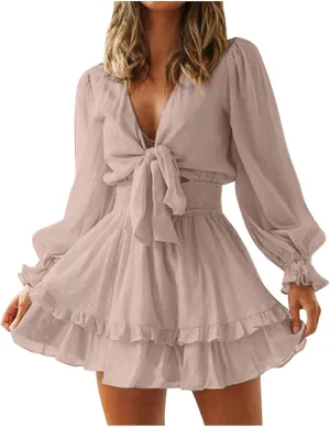 XUNRYAN Women Sexy Cutout Twist Front Summer Casual Dress 2022 V Neck Long Sleeve Dress Ruffle Swing Blouse Mini Dresses