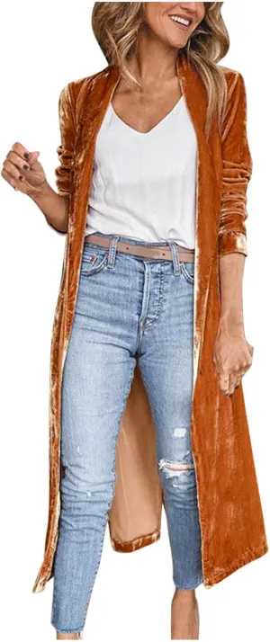 XUNRYAN Womens Long Velvet Cardigan Jacket Lapel Collar Open Front Cardigan Trench Coats Sweater Winter Fall Outwear