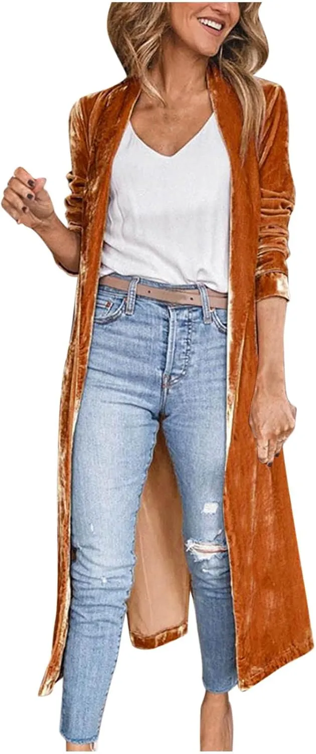 XUNRYAN Womens Long Velvet Cardigan Jacket Lapel Collar Open Front Cardigan Trench Coats Sweater Winter Fall Outwear
