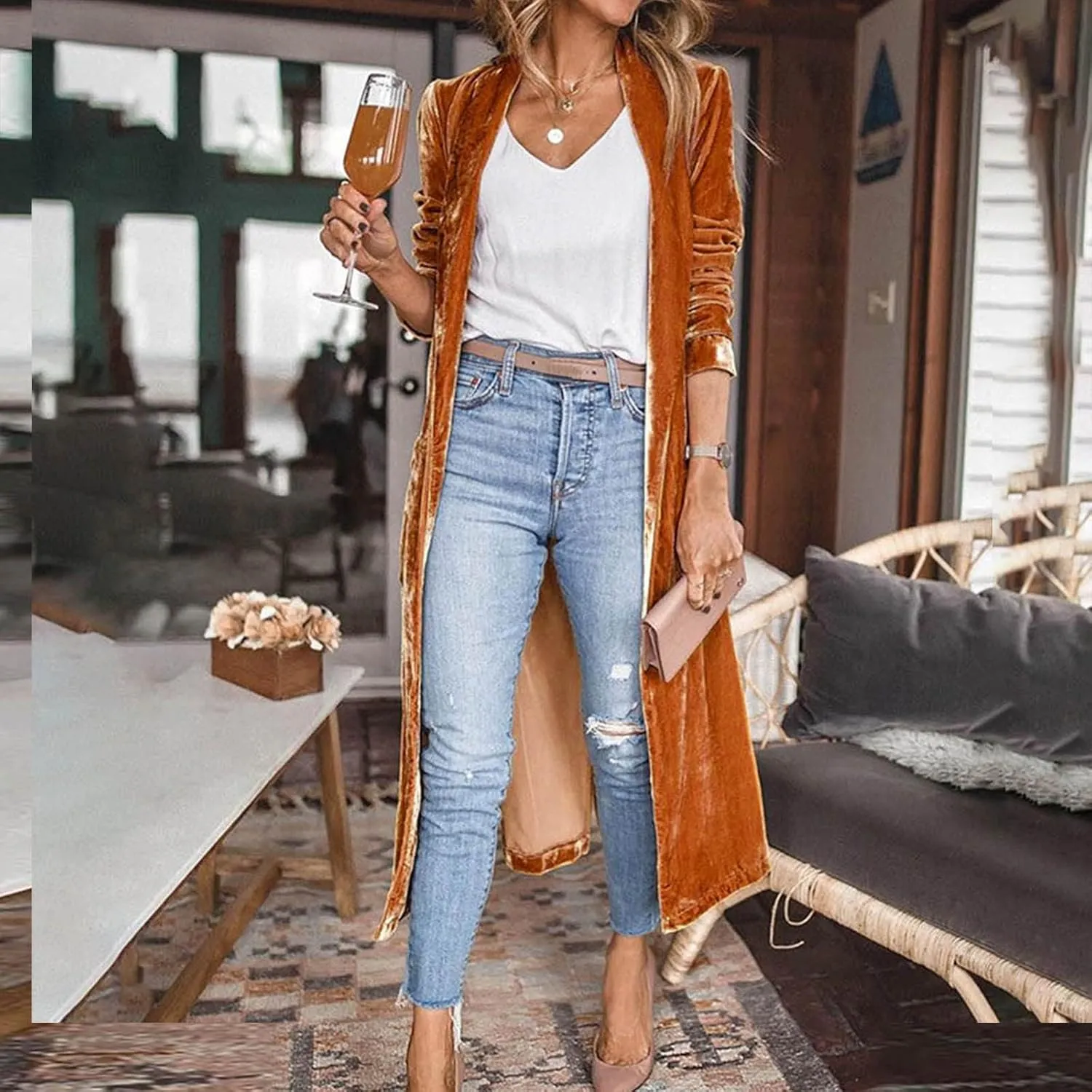 XUNRYAN Womens Long Velvet Cardigan Jacket Lapel Collar Open Front Cardigan Trench Coats Sweater Winter Fall Outwear