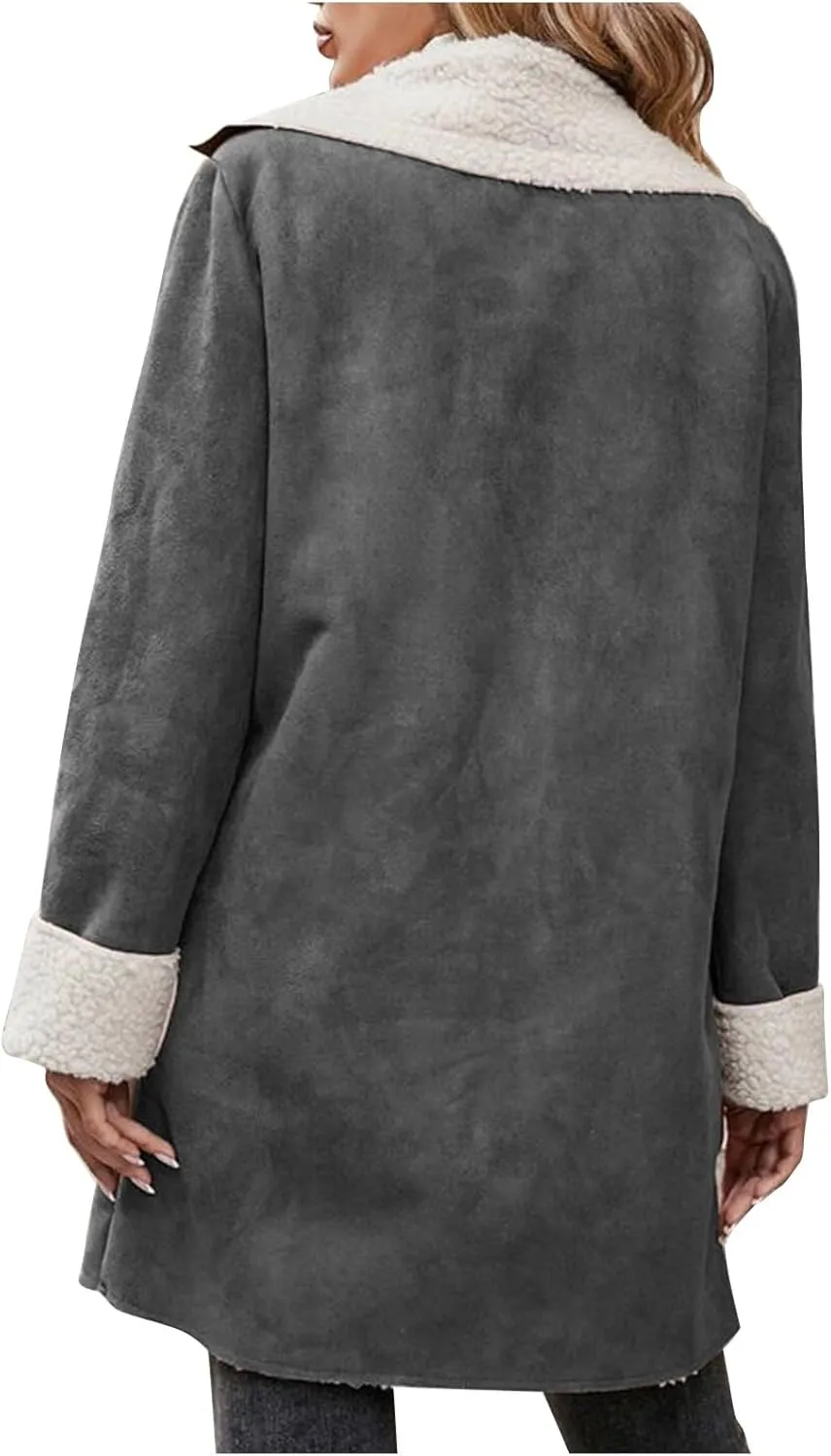 XUNRYAN Womens Trench Coat Long Suede Faux-Leather Jackets Winter Warm Sherpa Fleece Jackets Parka Overcoat Anorak Outerwear