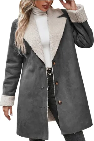 XUNRYAN Womens Trench Coat Long Suede Faux-Leather Jackets Winter Warm Sherpa Fleece Jackets Parka Overcoat Anorak Outerwear