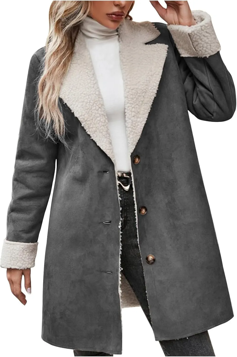 XUNRYAN Womens Trench Coat Long Suede Faux-Leather Jackets Winter Warm Sherpa Fleece Jackets Parka Overcoat Anorak Outerwear
