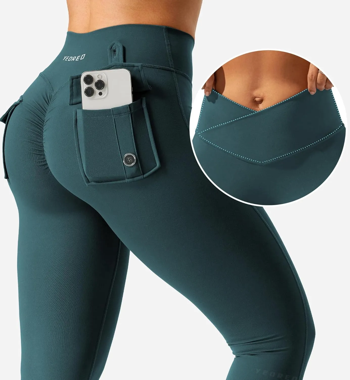 YEOREO CoreFlex Leggings with Pockets for Women Charm Scrunch Workout Leggings V Cross Waist Butt Lifting Gym Yoga Pants