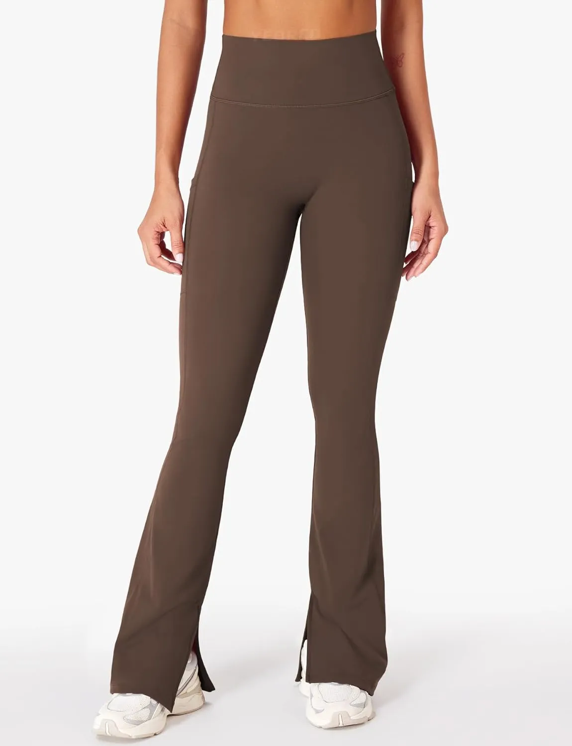 YEOREO Women Mini Flare Split Hem Leggings with Pockets Tummy Control Workout Leggings Anilnia Hidden Scrunch Gym Yoga Pants