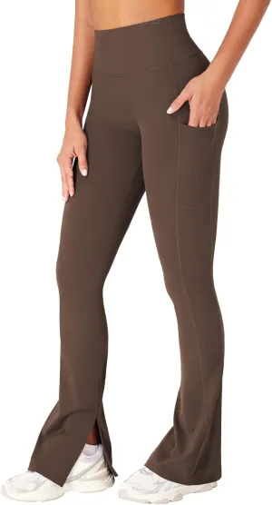 YEOREO Women Mini Flare Split Hem Leggings with Pockets Tummy Control Workout Leggings Anilnia Hidden Scrunch Gym Yoga Pants