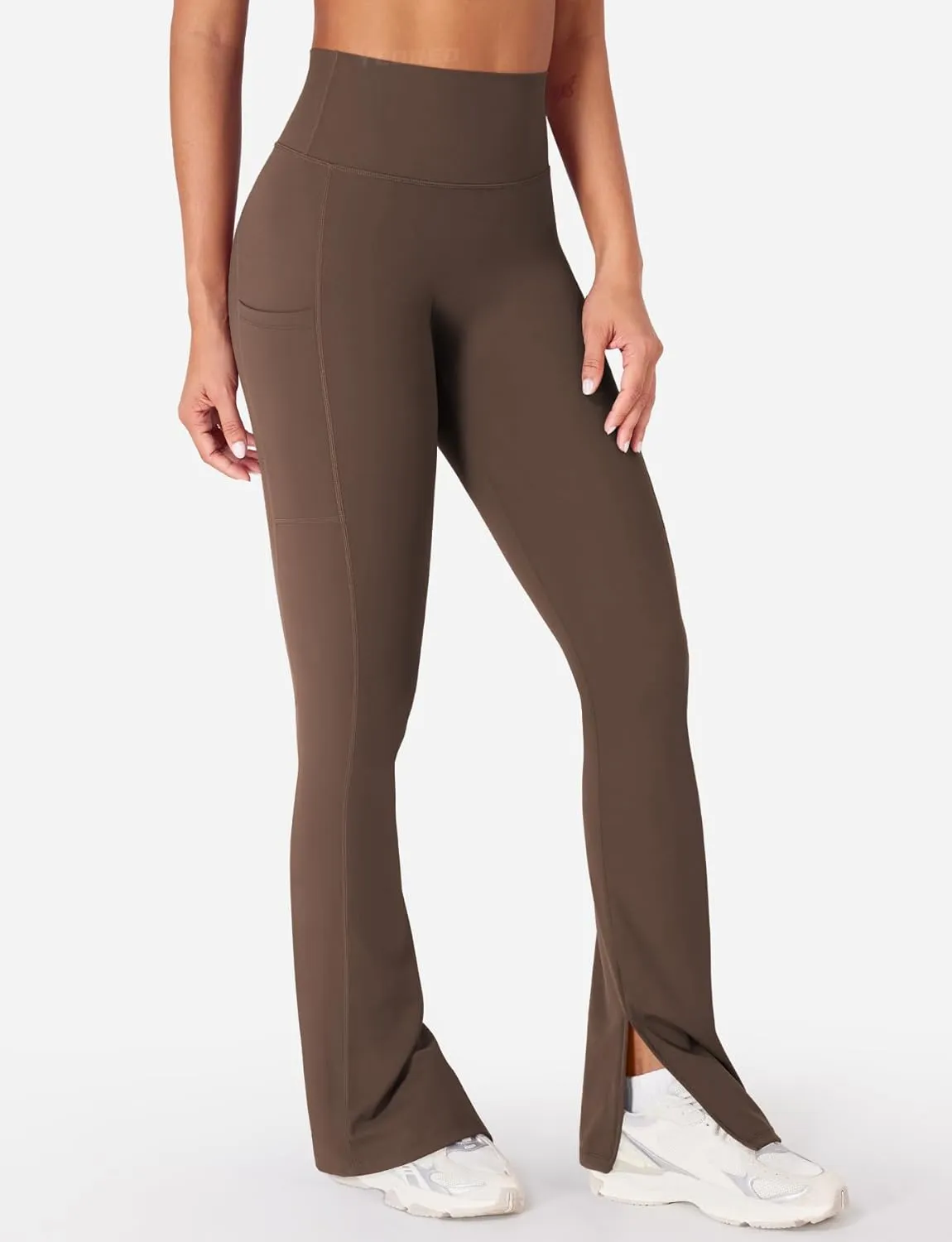 YEOREO Women Mini Flare Split Hem Leggings with Pockets Tummy Control Workout Leggings Anilnia Hidden Scrunch Gym Yoga Pants