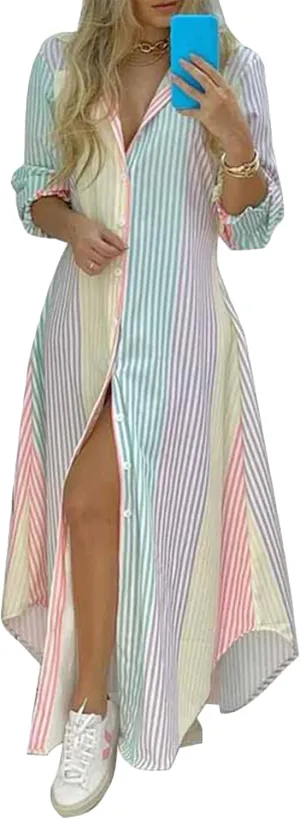 YMING Womens Long Sleeve Button Down Shirt Dresses Casual Floral Print Maxi Dress Loose Fit Split Blouse Dress